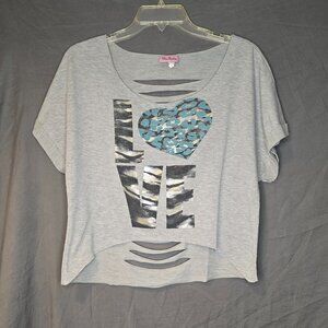 Retro LOVE Crop Top Gray/Grey w/ Teal, Black & Silver Heart Design Miss Popular